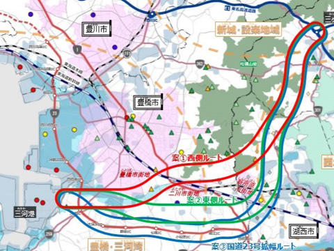 公表された浜松三ヶ日・豊橋道路（仮称）の3ルート案（中部地方整備局発表資料より）